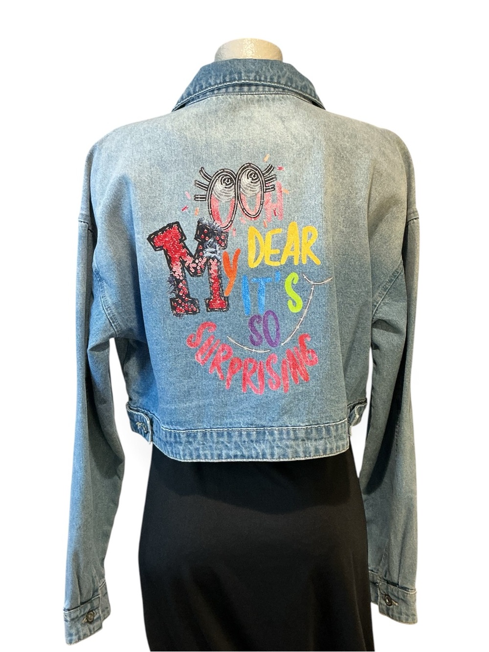 Q2 Premium Denim Cropped Graphic Zip Jacket, NWT various sizes